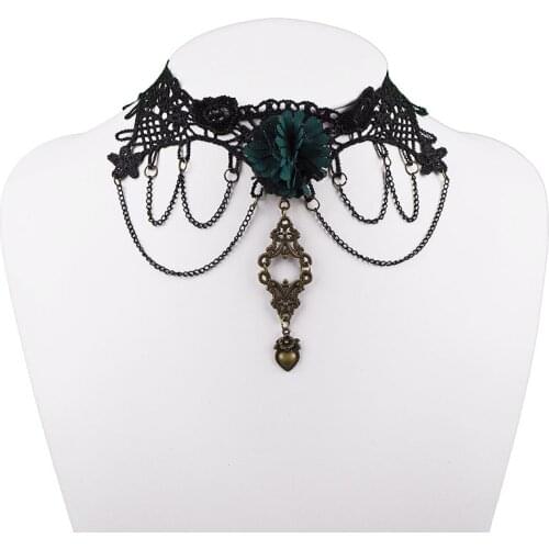 Trendy Green Flower Black Lace Neck Choker Necklace Vintage Blue Rose Hollow Lace Collar Chocker Necklaces Women Checker Jewelry