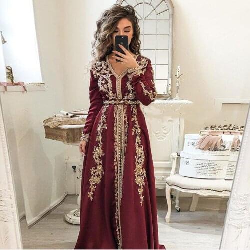 Eightale Caftan Evening Dress V-Neck Appliques Gold Long Sleeves Satin Muslim Arabic Dubai Prom Dress Party Gown robe de soire