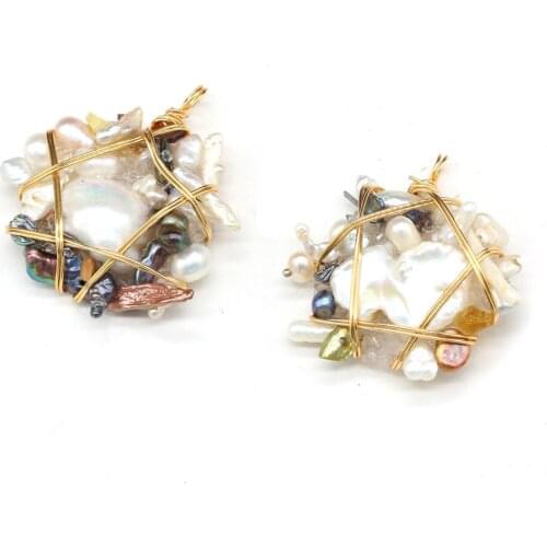 Natural Freshwater Pearl Pendant Copper Wire Winding Pearls Charms Pendant for Women Jewelry Making DIY Necklace Earring 40x50mm