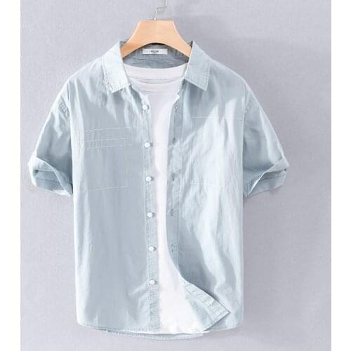 100% Cotton short-sleeved casual solid light blue shirts men fashion comfortable black shirt for men chemise camisa tops mens