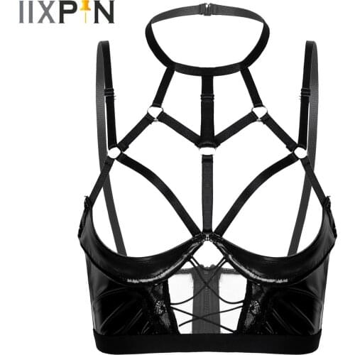 Sexy Womens Lingerie Open Cup Bra Top Halter Neck Hollow Out Strappy Patent Leather Zipper Unlined Underwire Hot Bra