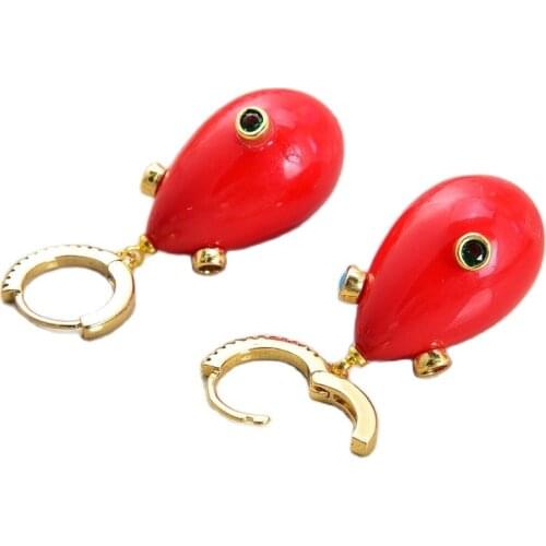 JK Natural Teardrop Red Sea Shell Pearl Mixed-color Cz Pave hook Earrings