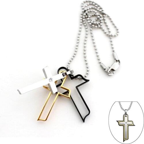 YAFFIL Three Cross Pendants Nacklace Grouping a Cross Stainless Steel Nackalces with Austrian Crystal for Religion P9014