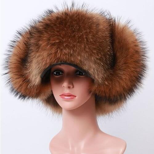 YOLOAgain Winter Warm Women Raccoon Fur Bomber Hats Russian Ushanka Aviator trapper Snow Skiing Caps Earflap