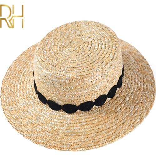 Women Summer Wheat Straw Beach Hat For Travel Holiday With Ribbon Wide Brim Ladies Flat Top Sun Cap RH