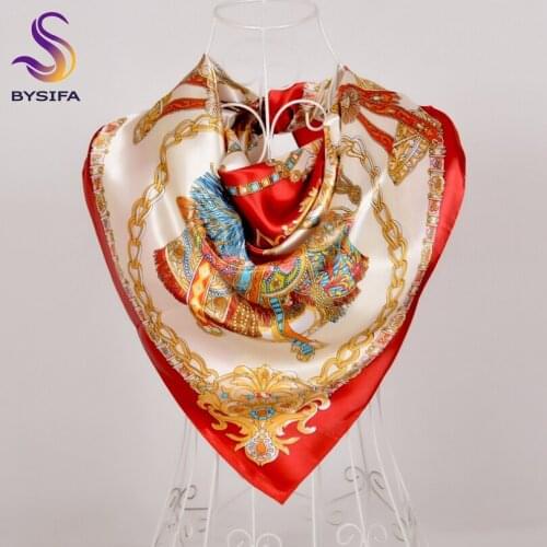 [BYSIFA] Blue Women Satin Silk Scarf Shawl 2018 Brand Chain Style Large Muslim Head Scarves 90*90cm Spring Fall Neck Scarf Cape