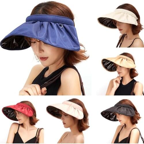 Women Summer Solid Color Anti-UV Wide Brim Empty Top Foldable Visor Cap Sun Hat