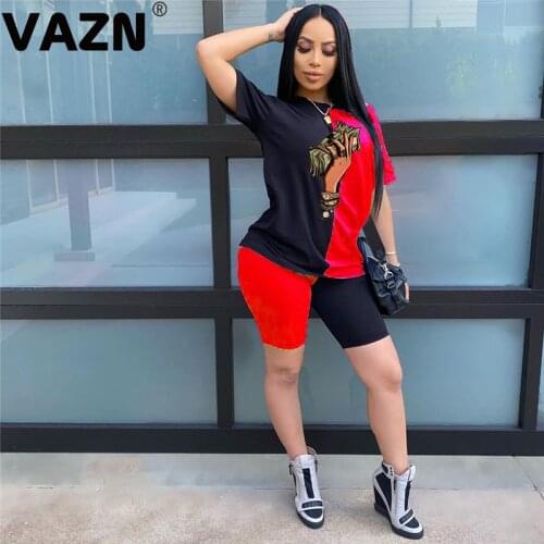 VAZN 2020 New Upsurge Patchwork Energy Casual Soft Free Young Style Short Sleeve Knee Length Slim Tracksuits Women 2 Piece Set