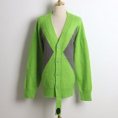 Knit Sweaters Women V Neck Cardigan Sweater Top Green pink Long Sleeve Casual Sweater