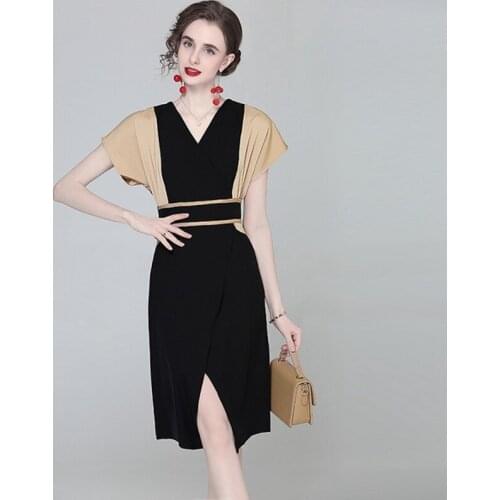 2021 summer Elegant temperament Women V-neck Contrasting Sheath Pencil Dress Casual Dresses Vestidos