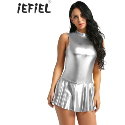 IEFiEL Womens Cocktail Dress Pole Dancing Shiny Metallic Back Zippered A-line Dress Femme Evening Party Sexy Clubwear Costumes