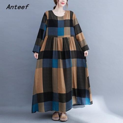 Anteef long sleeve cotton vintage plaid dresses for women casual loose woman summer spring autumn dress elegant clothes 2021