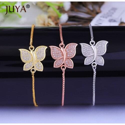 Gold Rose Gold Color Trendy Simple Adjustable Chain Copper Zircon Butterfly Bracelets For Women pulseras mujer moda