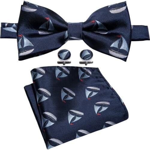 2019 Cartoon Pre-tied Bows Blue Silk Woven Bowtie Set Butterfly Bows Handkerchief Cufflinks Set for Suit Tuxedo Dropshipping