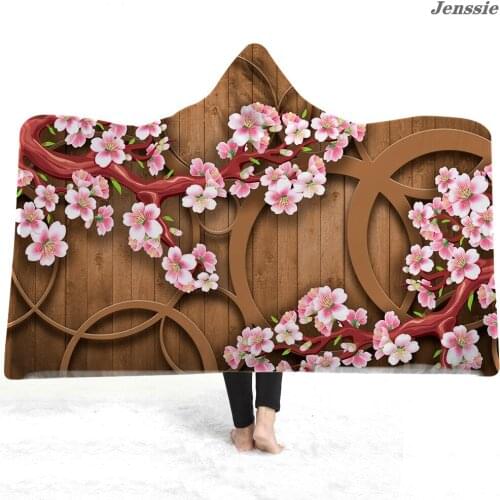3D Wooden Door Flower Wall Printed Hooded Blanket Flower Scenery Hoodie Blanket Travel Camping Microfiber Soft Wearable Blanket