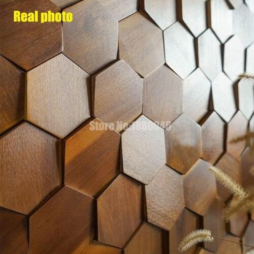 6pcs/box Fashion 3D Wood Hexagon Wall Panel size 30x26cm Walnut Wood Mosaic tile Wall sticker for TV background Art Wall Decor