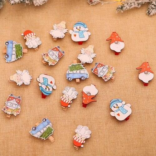 6pcs Cartoon Angel Car Snowman Wooden Clip Christmas Decoration DIY Photo Wall Craft Christmas Tree Ornament Clothespin Clips