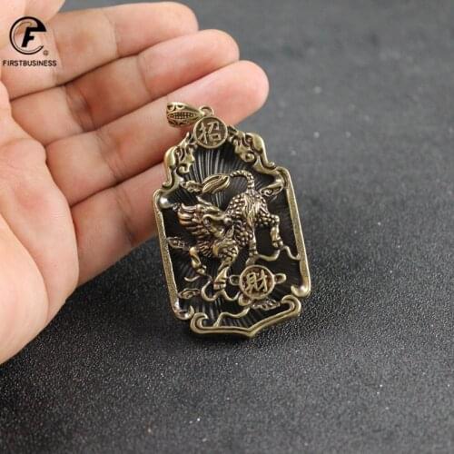Antique Copper Chinese Beast Qi Lin Big Pendant Necklace Ancient Animal Lucky Kirin Chinese Letter Blessing Birthday Present