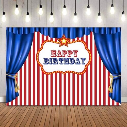 Circus birthday party backdrop blue curtrain photo background studio white and red stripe Circus tent birthday photocall