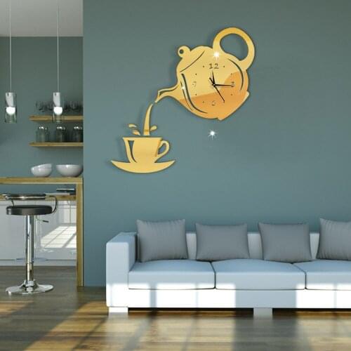 GZ089 Creative teapot mirror clock acrylic clock living decoration living room mirror mute pin fashion