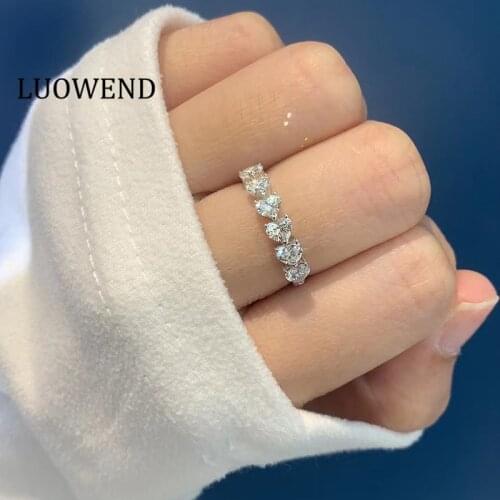 LUOWEND 100% Real 18K White Gold Ring Elegant Heart Cut Natural Diamond Ring Clover Wedding Band for Women Party