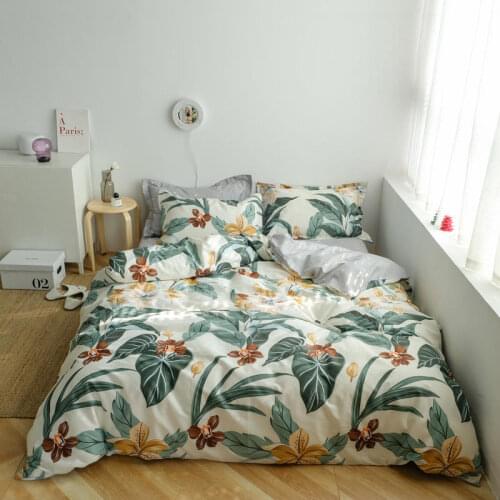 100% Cotton Bedding Set Queen King Size Bedclothes For Double Bed Plant Floral Style Duvet Cover Plain Dyed Fitted Sheet