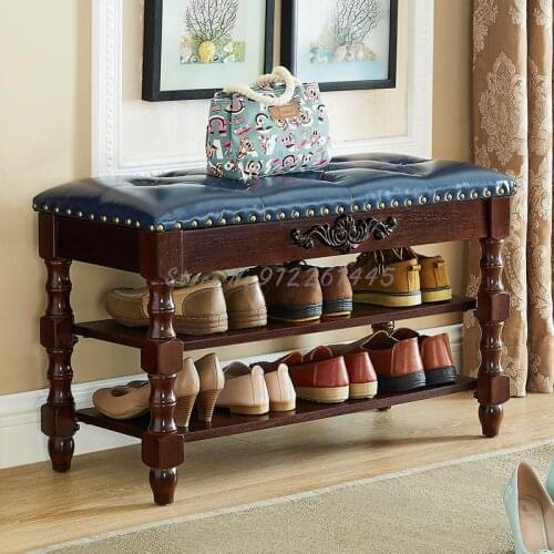 Leather American adjustable shoe stool solid wood household door shoe cabinet European shoe rack simple multi-layer storage benc