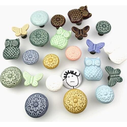 LCH Pastoral Style Owl Blossom Flower Glaze American European Style Ceramic Knob Cabinet Handle Mediterranean Style Knob Plum