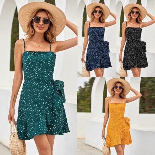 Summer Fashion Sexy Off Shouderl Spaghetti Straps Adjustable Backless Womens Mini Dress Casual Polka Dot Ruffle Ladies Dresses