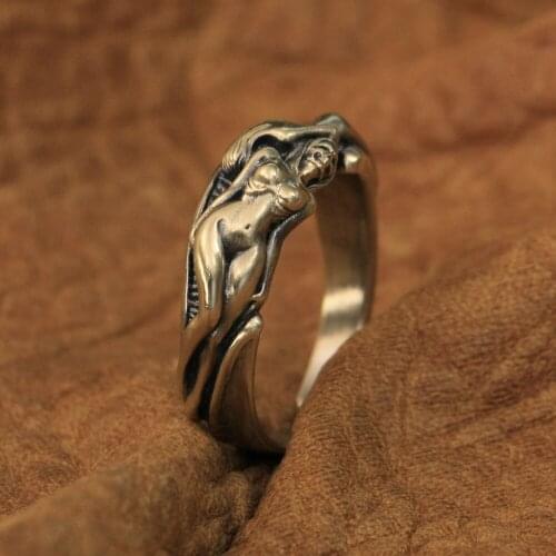 LINSION High Detail Brass Sexy Naked Beauty Skull Ring Mens Punk Ring BR185 US Size 7~15