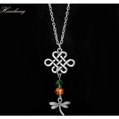 HANCHANG Fashion Movie Jewelry Outlander Dragonfly Necklace Crystal Hollow-out Knot Pendant Necklace For Men Women Girl Gift