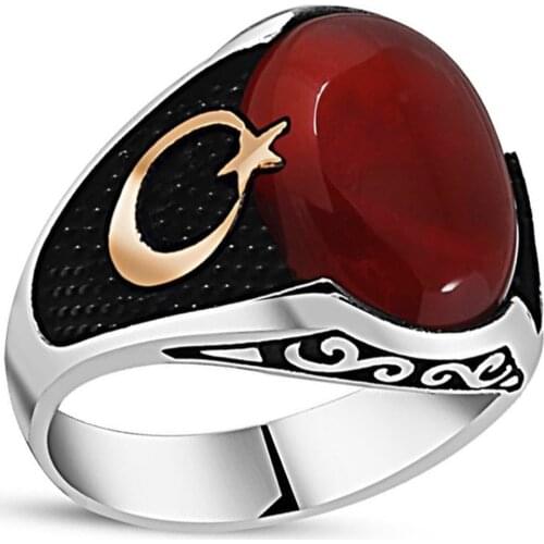 Solid 925 Sterling Silver Agate Stone Crescent Moon Star Design Mens Ring