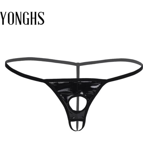 Mens Lingerie G-string Thong Bikini Briefs Gay Homme Sex Underwear Patent Leather Panties Exotic Underpants with Penis Holes