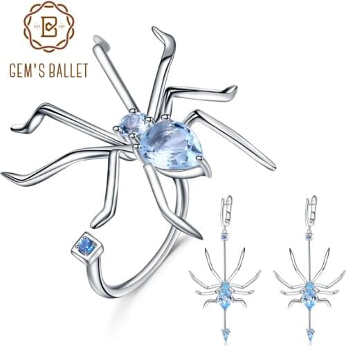 GEMS BALLET 8.83Ct Natural Sky Blue Topaz Gemstone Earrings Ring Sets 925 Sterling Silver Spider Jewelry Set For Women Kit
