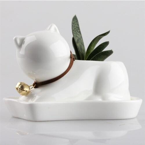 Desktop Kawaii Small Cat Kitten Cub Pearl White Ceramic Flowerpot Succulent Plant Pot Nursery Garden Porcelain Flower Pot Bonsai