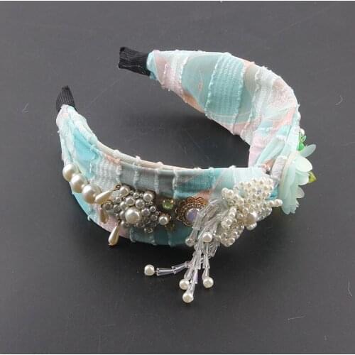 New Fashion Color Flower Fabric Silky Crystal Inlaid Rhinestone Flower Tassel Hairband Ladies Prom Travel Hair Accessories 885