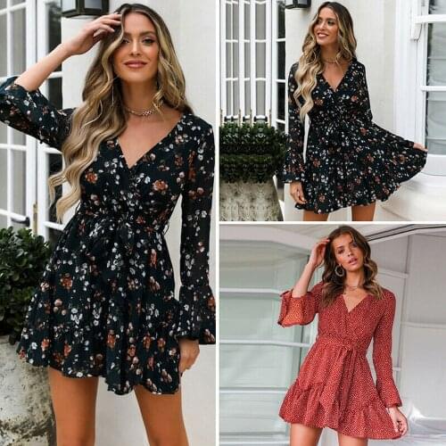 Autumn Floral print V-neck dress women 2020 vintage Ruffles Sexy beach elegant short dress printed dress for women