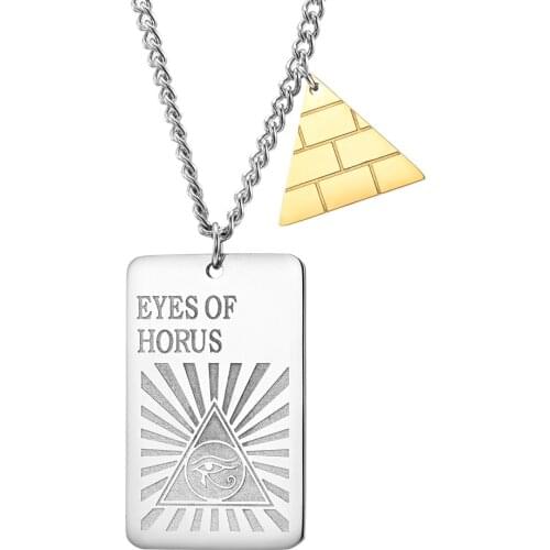 Ancient Egypt Eye of Horus Pyramid Pendant Necklaces for Men Boy Fashion Jewelry Stainless Steel Chain with 24