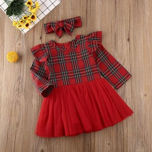 Christmas Toddler Baby Girl Plaid Clothes Long Sleeve Ruffles Mesh Patchwork Party Tulle Dress+Headband