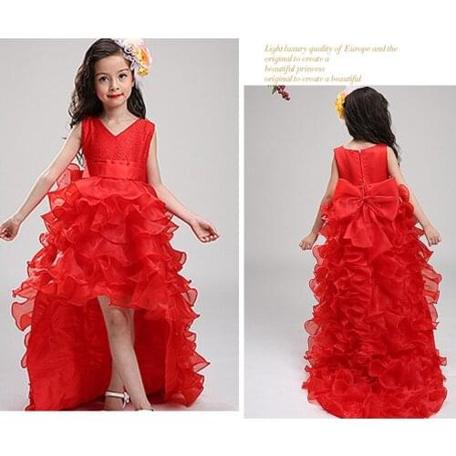 3-14T flower girl Trailing wedding dresses Girl high quality Tutu Mermaid dress V-neck big bow Princess long dress 4 color