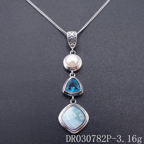 Handmade Unique 925 Sterling Silver Pendant, Beautiful Natural Blue Caribbean Larimar& Pearl Pendant for Women Ladies Girls