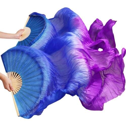 High Quality 100% Real Silk Veils 1 Pair Handmade Dyed Women Belly Dance Silk Fans Dabce Performance Props Blue+Purple 180*90 cm