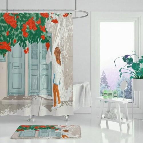 Flower plant shower curtain house building green plant printing bathroom decoration waterproof cloth curtain set
