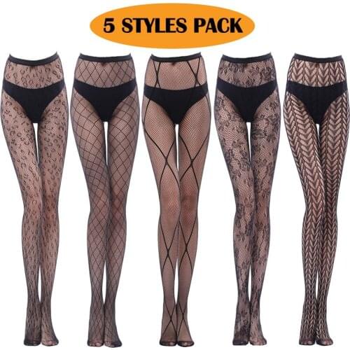 Womens 5 Styles Pack Fishnet Tights Suspender Pantyhouse Stockings High Waist Sexy Net Legging Gift For Girlfriend