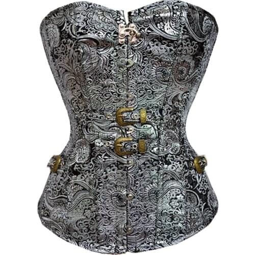 Womens Retro Steampunk Corset Top Sexy Overbust Lingerie Bustier Basque Gothic Clothing Waist Cincher Lingerie Grey