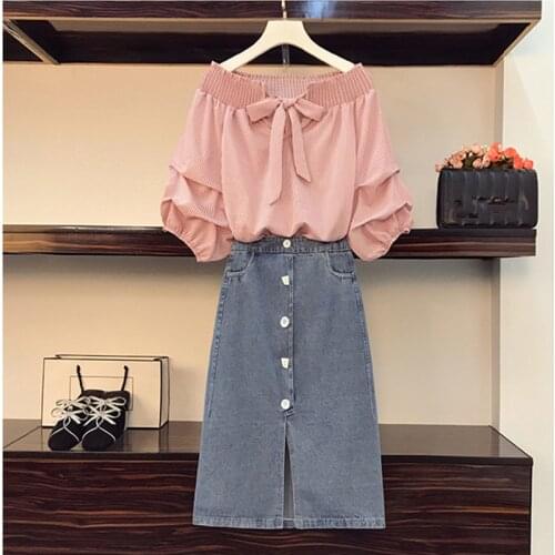 New Shirt 2 piece set Summer New Bow Tie Off Shoulder Puff Sleeve Blouse and Elastic Waist Button Split Denim Skirt Suits Female