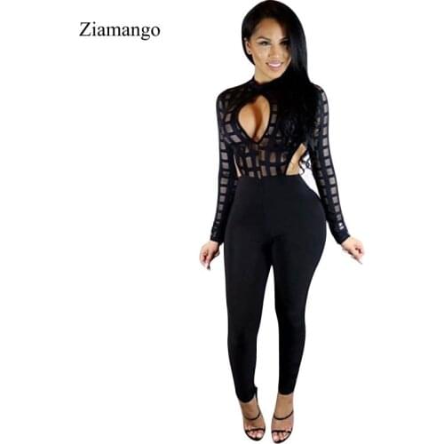 Womens Jumpsuits Sexy Bodycon Fitness Romper Bodysuits Hollow Out Combinaison Femme Stretch Long Pants Long Sleeve Black
