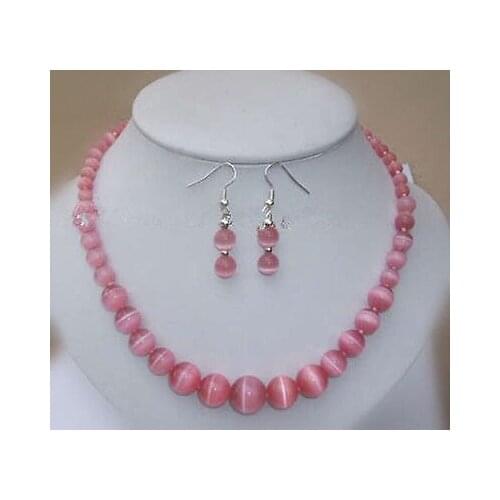 Deliver Nobility Lucky Women vivid 6-14MM Mexican Pink Cats Eye Necklace 17" Earring hook jewelryCZ Luxury Ms. girl