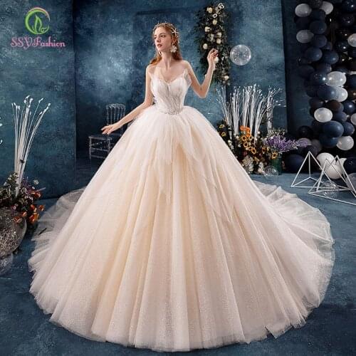 SSYFashion New Luxury Champagne Wedding Dress Bride Romantic Elegant V-neck Court Train Beading Wedding Gowns Vestidos De Novia
