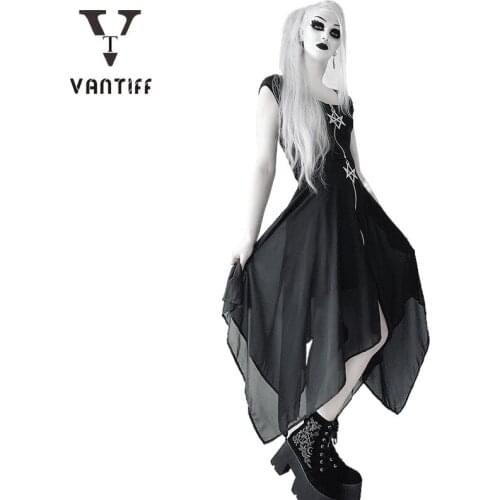 Vantiff Goth Black Mini Dress Vintage Aesthetic Mesh Sleeve High Waist Dresses Gothic Sexy Velvet Party Outfit Summer Dress